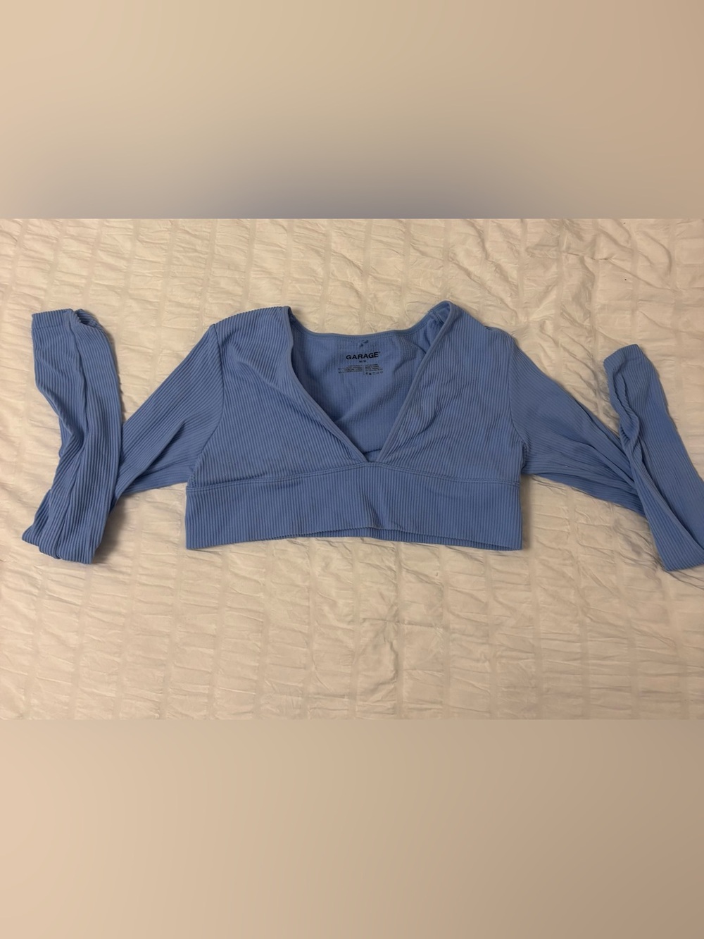 Garage Ribbed Cropped V-Neck Long Sleeve Top in Light Blue